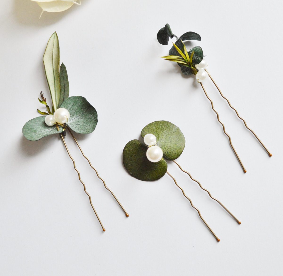 3 épingles à chignon eucalyptus stabilisé, végétaux et perles - bijoux mariage collection eucalyptus