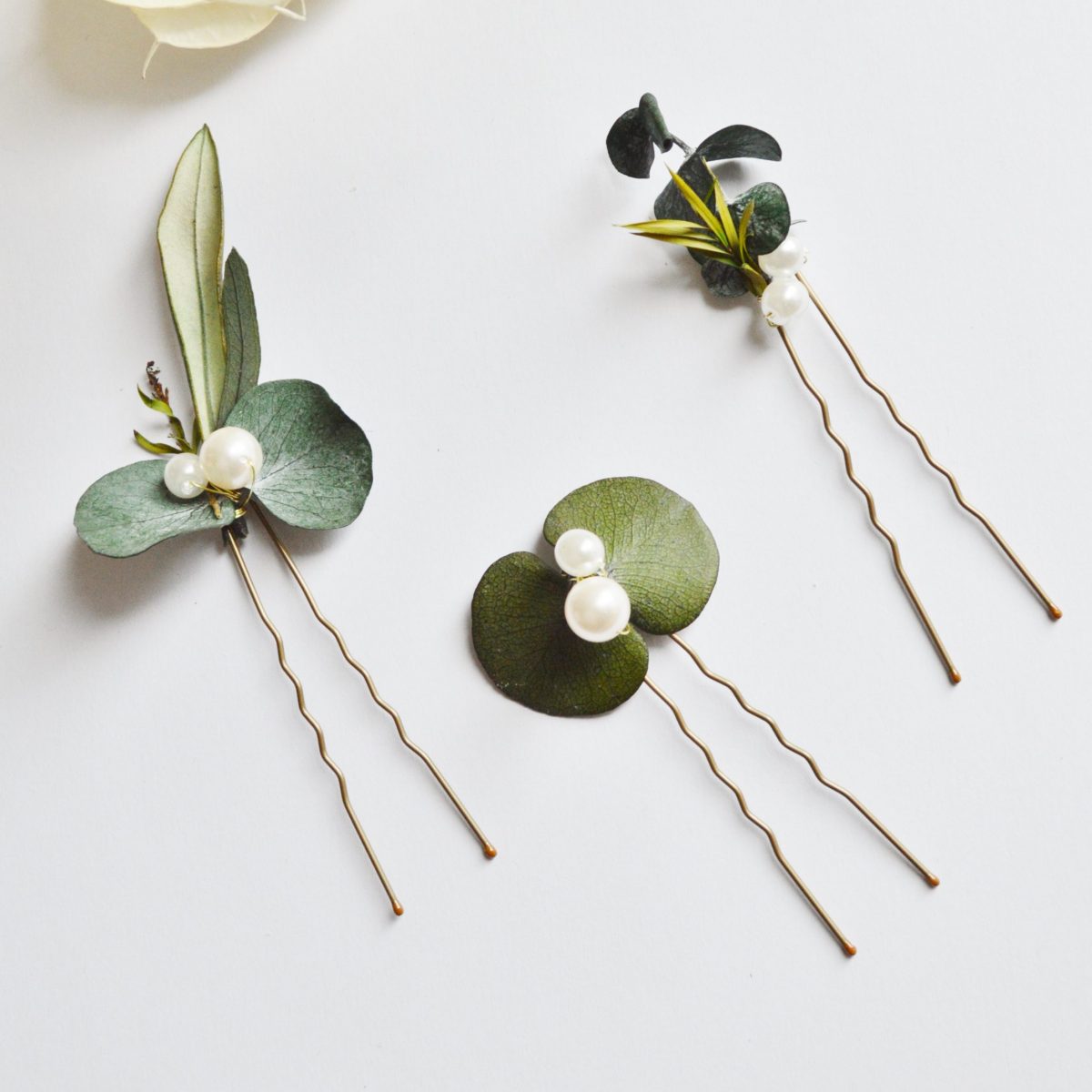 3 épingles à chignon eucalyptus stabilisé, végétaux et perles - bijoux mariage collection eucalyptus