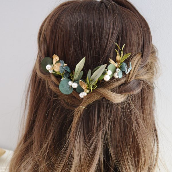 6 épingles à chignon eucalyptus stabilisé, végétaux, perles et détails dorés - bijoux mariage collection eucalyptus