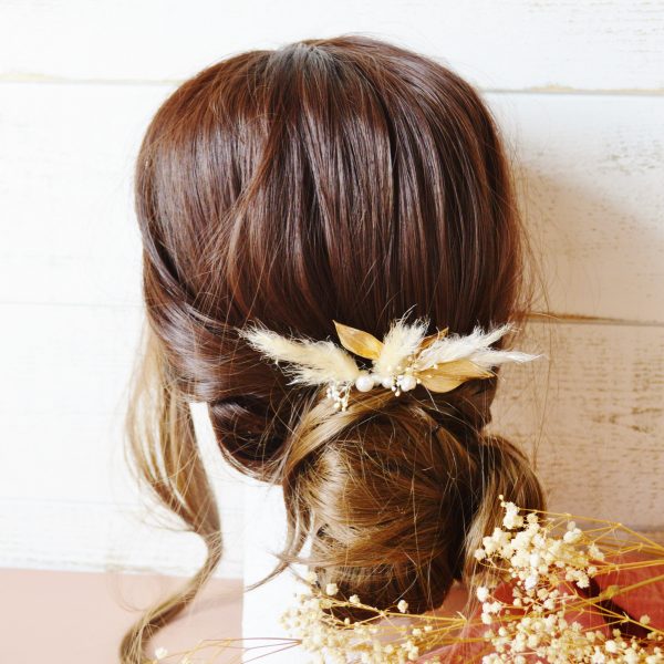 3 épingles à chignon pampas, feuilles dorées stabilisées et perles - accessoire de cheveux mariage boho chic gipsy