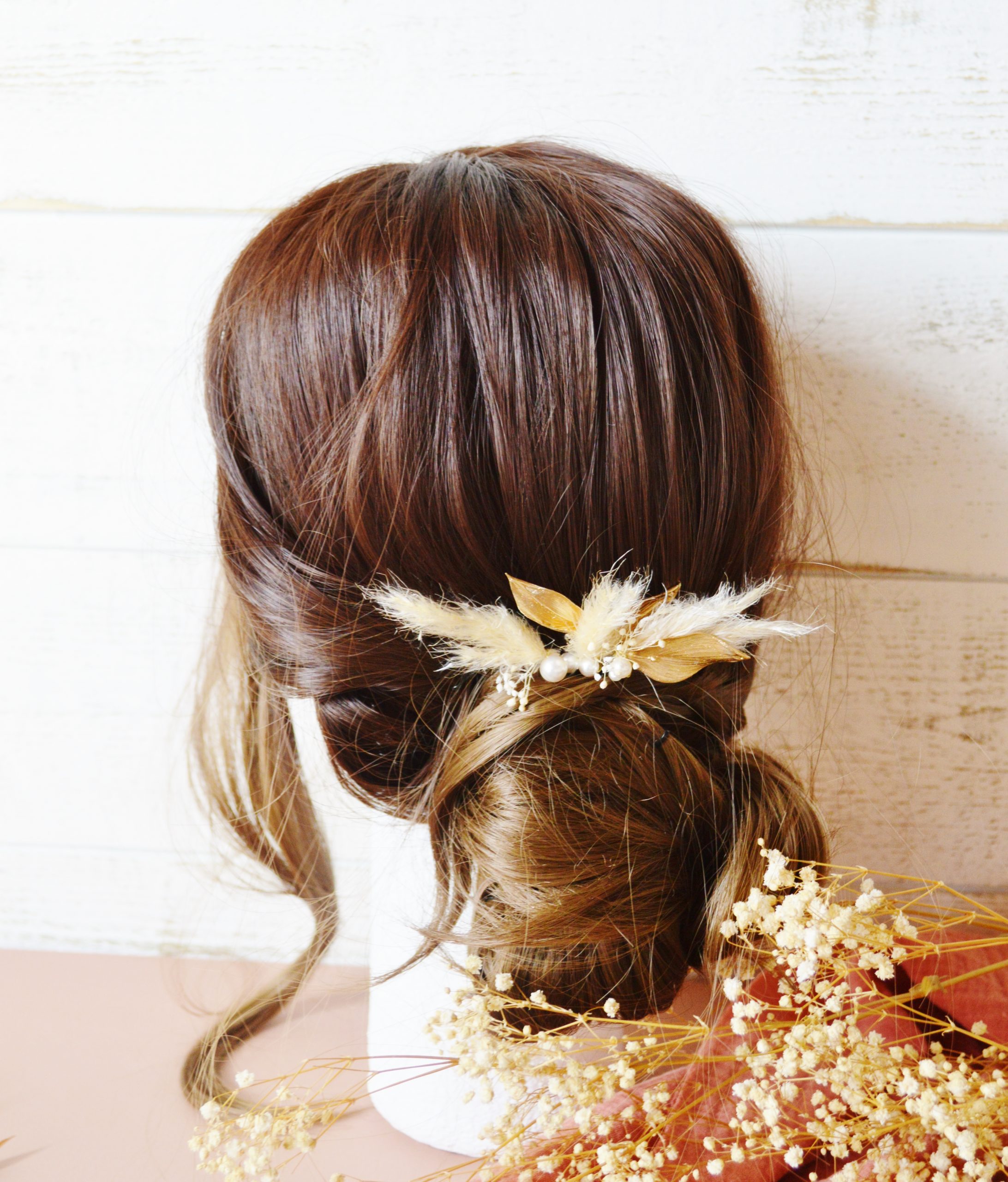 3 épingles à chignon pampas, feuilles dorées stabilisées et perles - accessoire de cheveux mariage boho chic gipsy