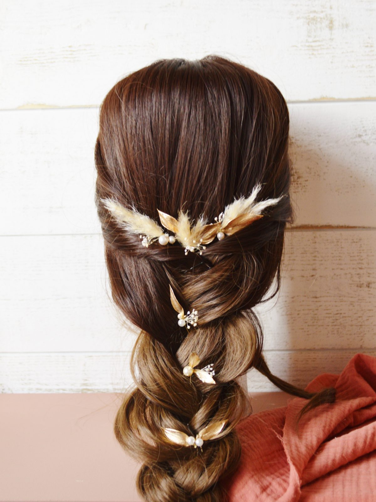 3 épingles à chignon pampas, feuilles dorées stabilisées et perles - accessoire de cheveux mariage boho chic gipsy