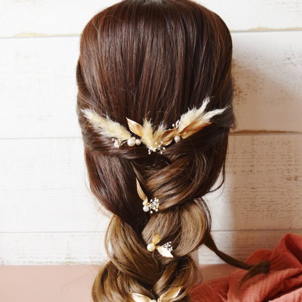 3 épingles à chignon pampas, feuilles dorées stabilisées et perles - accessoire de cheveux mariage boho chic gipsy