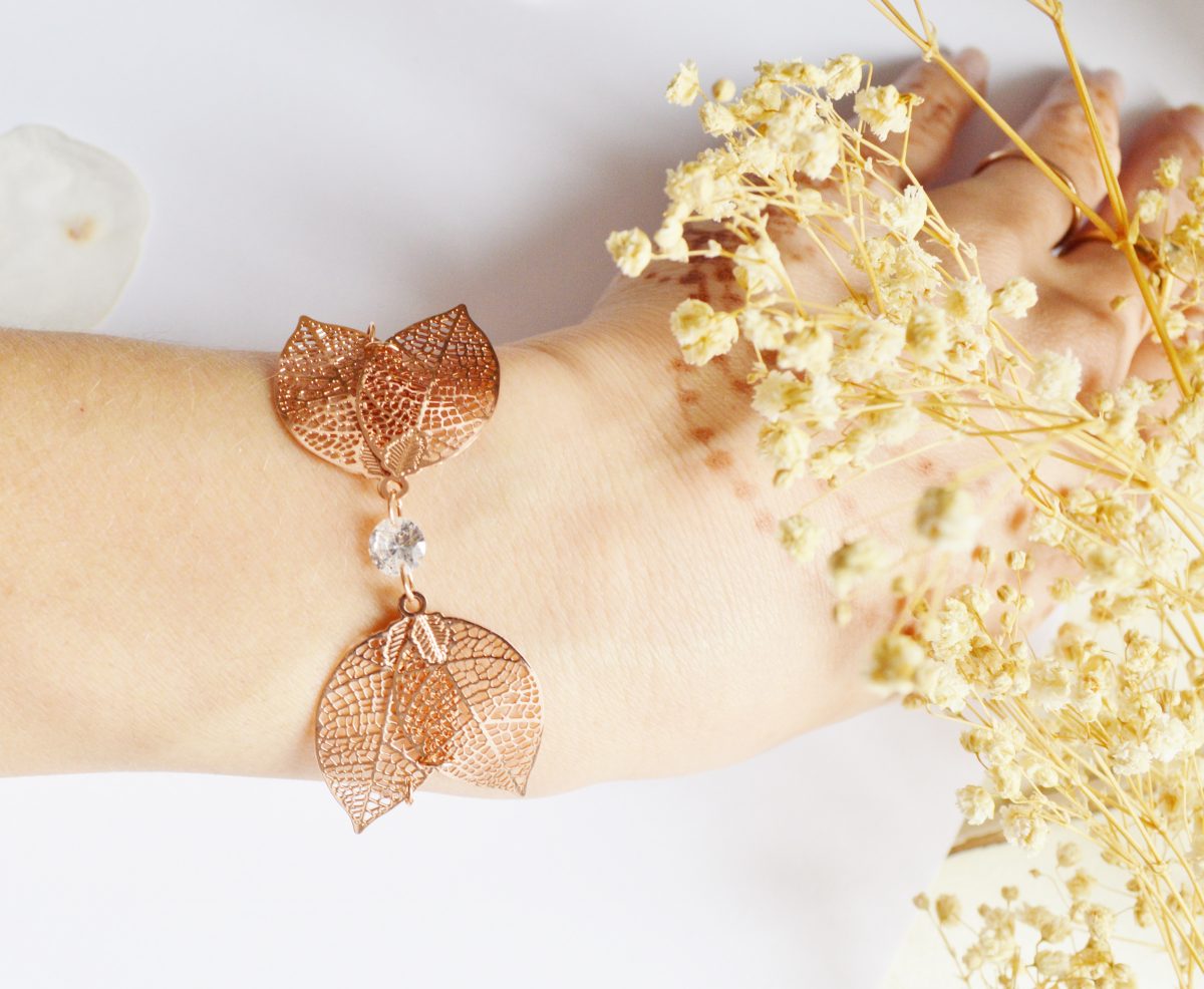 Bracelet mariée or rose à feuilles et cristal- bijoux mariée champêtre et nature