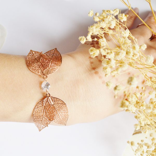 Bracelet mariée or rose à feuilles et cristal- bijoux mariée champêtre et nature
