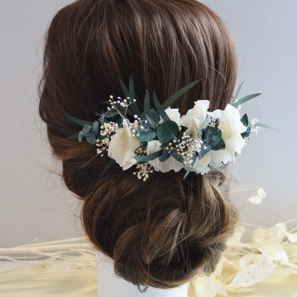 Grand peigne à cheveux XL mariage fleurs stabilisées ivoire et eucalyptus- Mariage bohème ou champêtre