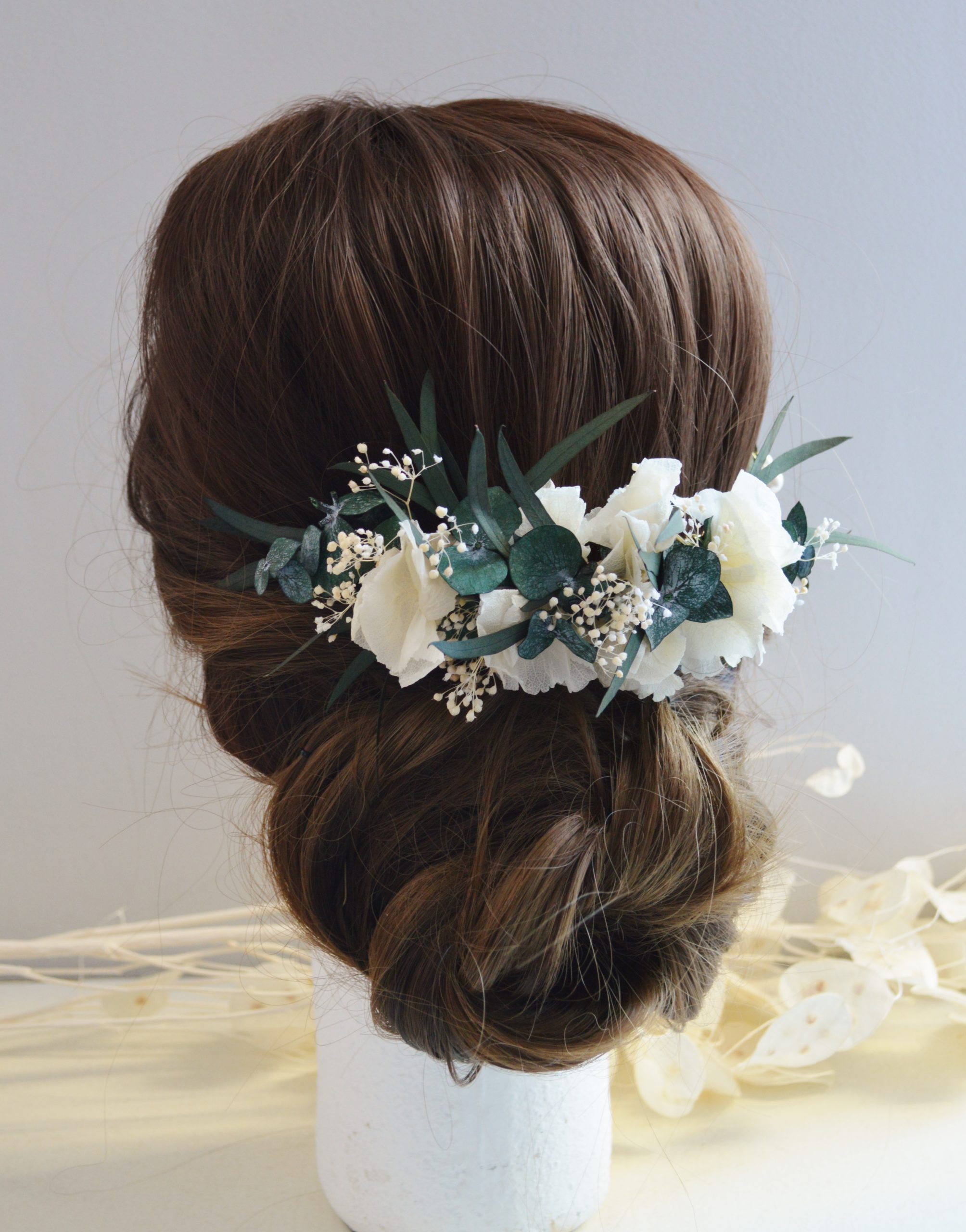 Grand peigne à cheveux XL mariage fleurs stabilisées ivoire et eucalyptus- Mariage bohème ou champêtre