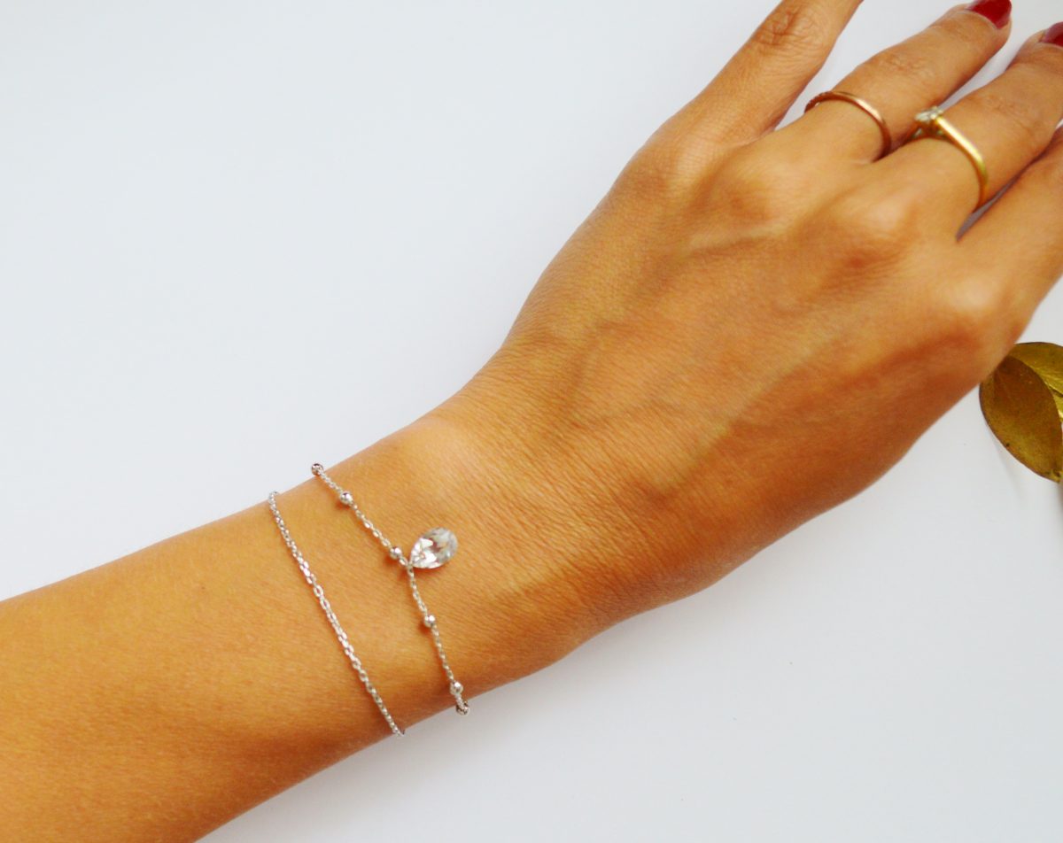 Bracelet double tours mariage argenté à pendentif cristal Swarovski - bijou mariée argent
