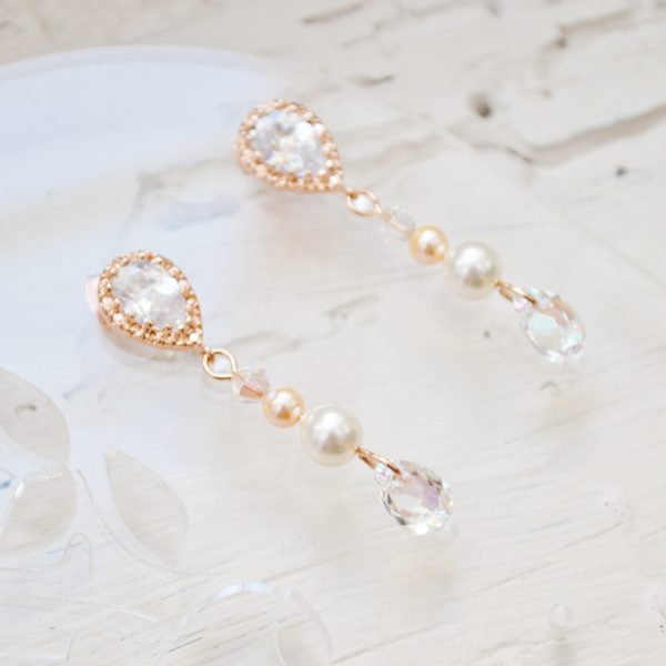 Boucles d'oreilles zircon or rose à perles et cristaux Swarovski