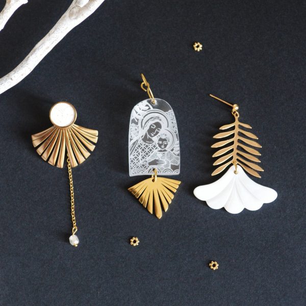 Boucles d'oreilles trio Vierge à l'enfant doré et transparent- bijoux originaux