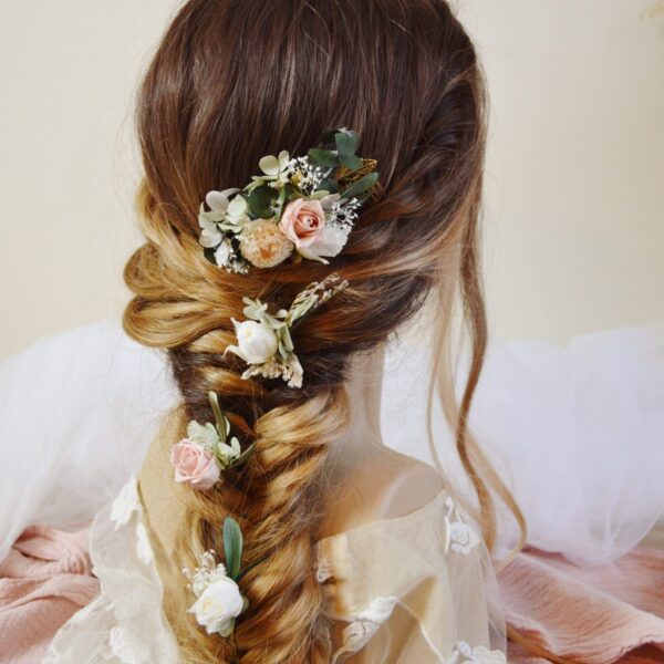 3 épingles à chignon fleurs et rose fraiches stabilisées vieux rose, nude et vert sauge