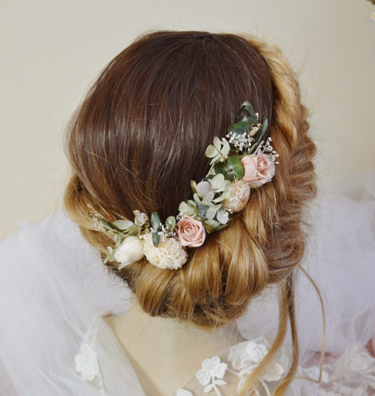 3 épingles à chignon fleurs et rose fraiches stabilisées vieux rose, nude et vert sauge