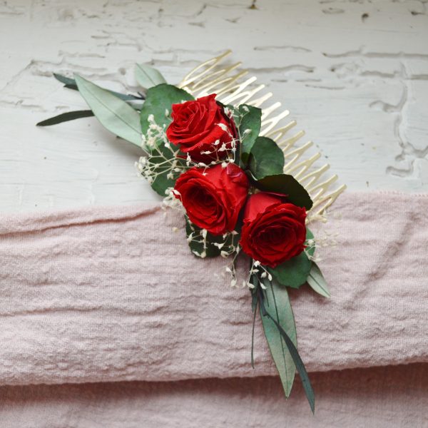 Peigne à cheveux roses rouges stabilisées - Accessoire de cheveux mariage rouge