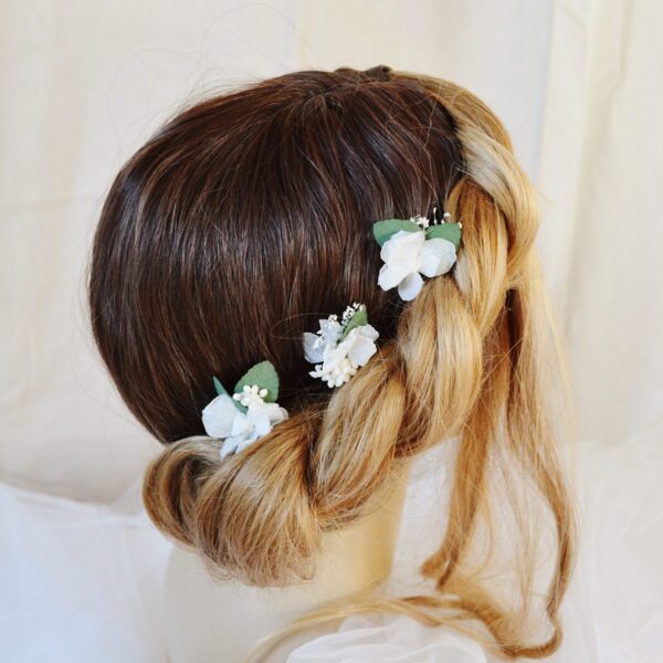 3 pics à chignon eucalyptus et hortensias stabilisés - bijoux mariage collection eucalyptus