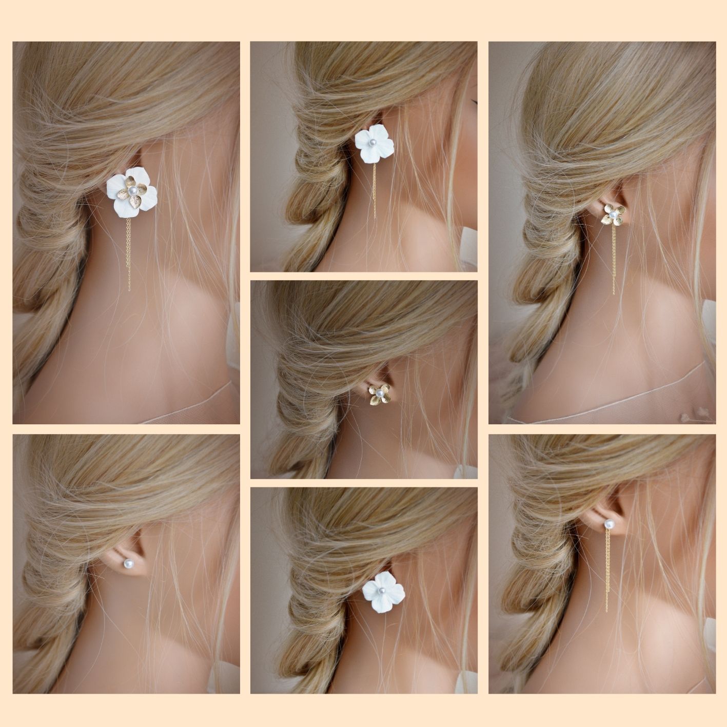 Beige Minimalist Food Photo Collage (2) Boucles d'oreilles interchangeables hortensias blanches et dorées esprit porcelaine froide - Boucles d'oreilles mariage Hortense. – Image 4