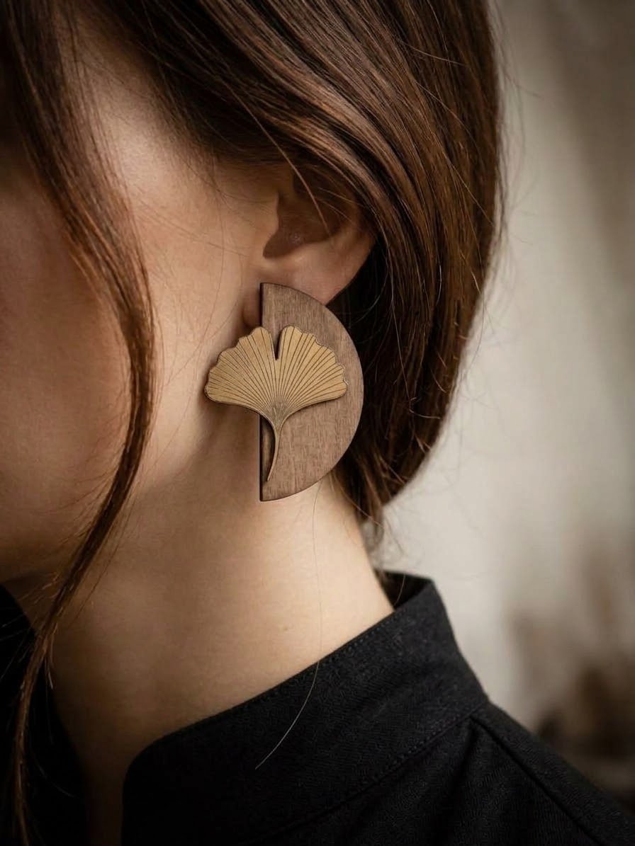 1000072596.jpg Boucles d'oreilles feuille de laiton et bois - Demi lune Ginkgo – Image 2