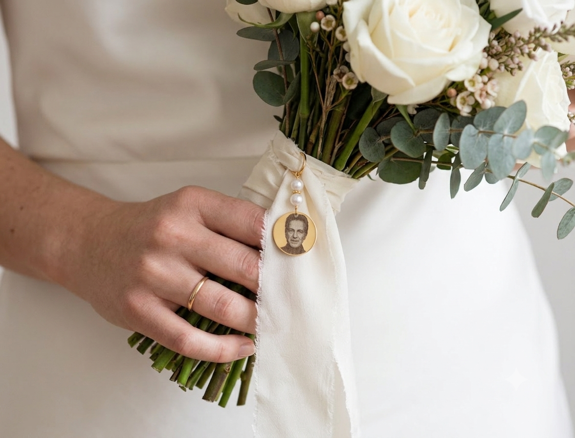 1788458992615 Médaillon hommage de bouquet de mariage personnalisable gravé photo – médaillon souvenir mariage - accessoire bouquet de fleur sur mesure – Image 3