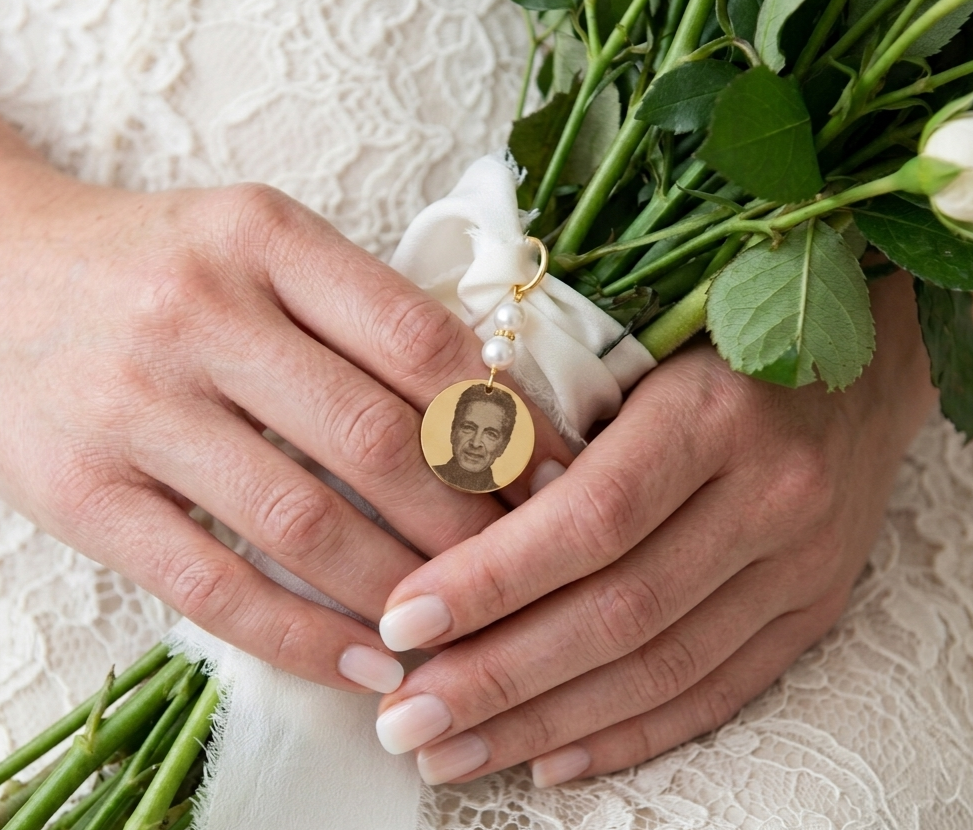 1788459349595(1) Médaillon hommage de bouquet de mariage personnalisable gravé photo – médaillon souvenir mariage - accessoire bouquet de fleur sur mesure – Image 1