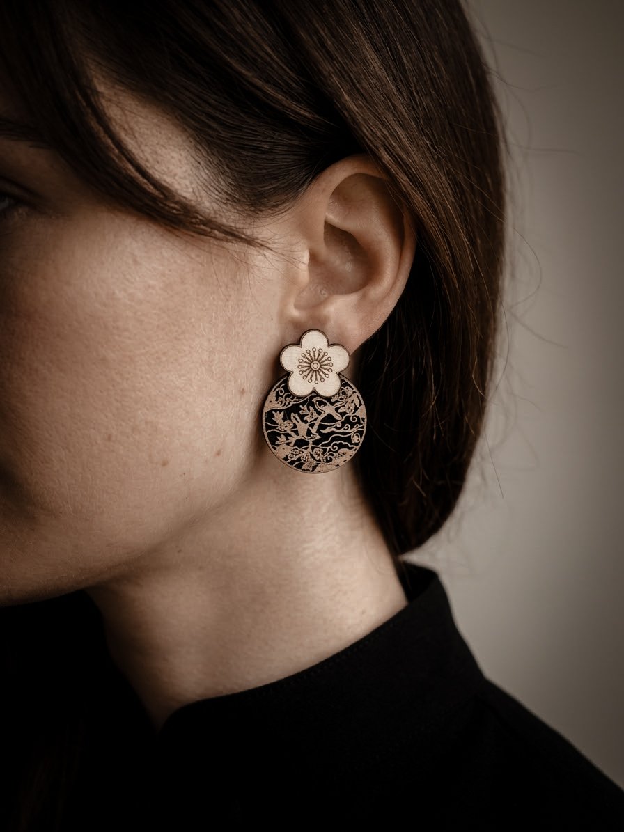 1000074839.jpg Boucles d'oreilles Estampe fleurie en bois et bois noir rondes - fleurs de cerisier et oiseaux. – Image 1