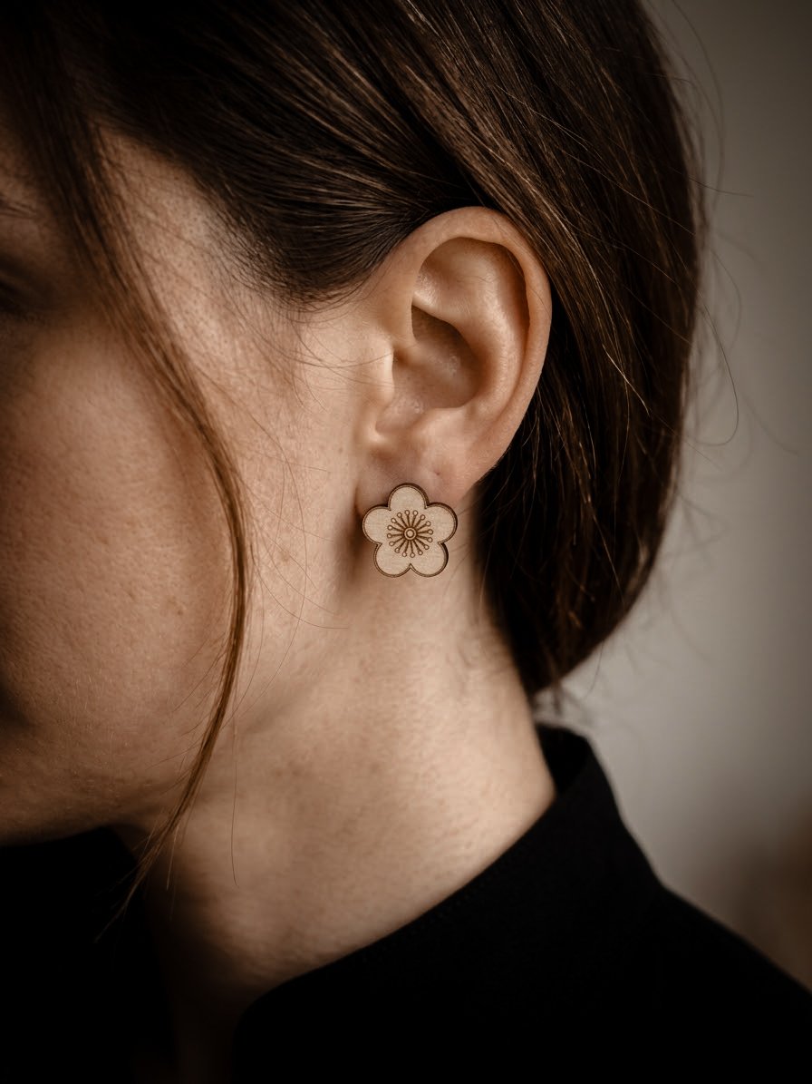 1000075484.jpg Petites boucles d'oreilles Sakura en bois clair – Image 1