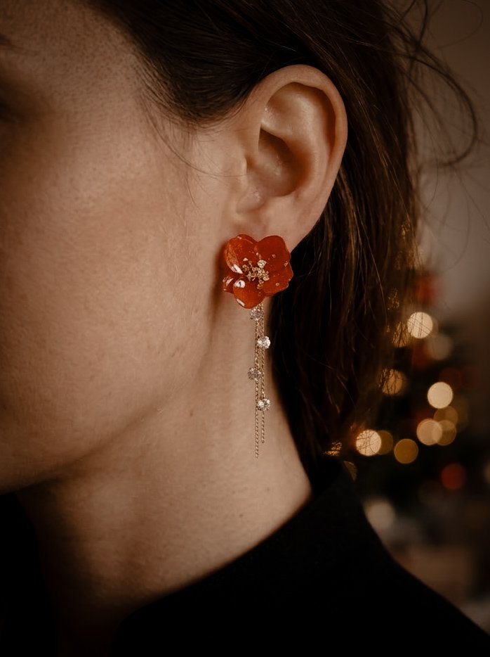 1000075873.jpg Boucles d'oreilles fleurs éternelles avec feuilles d'or et pendants à strass modulables - divers coloris – Image 5