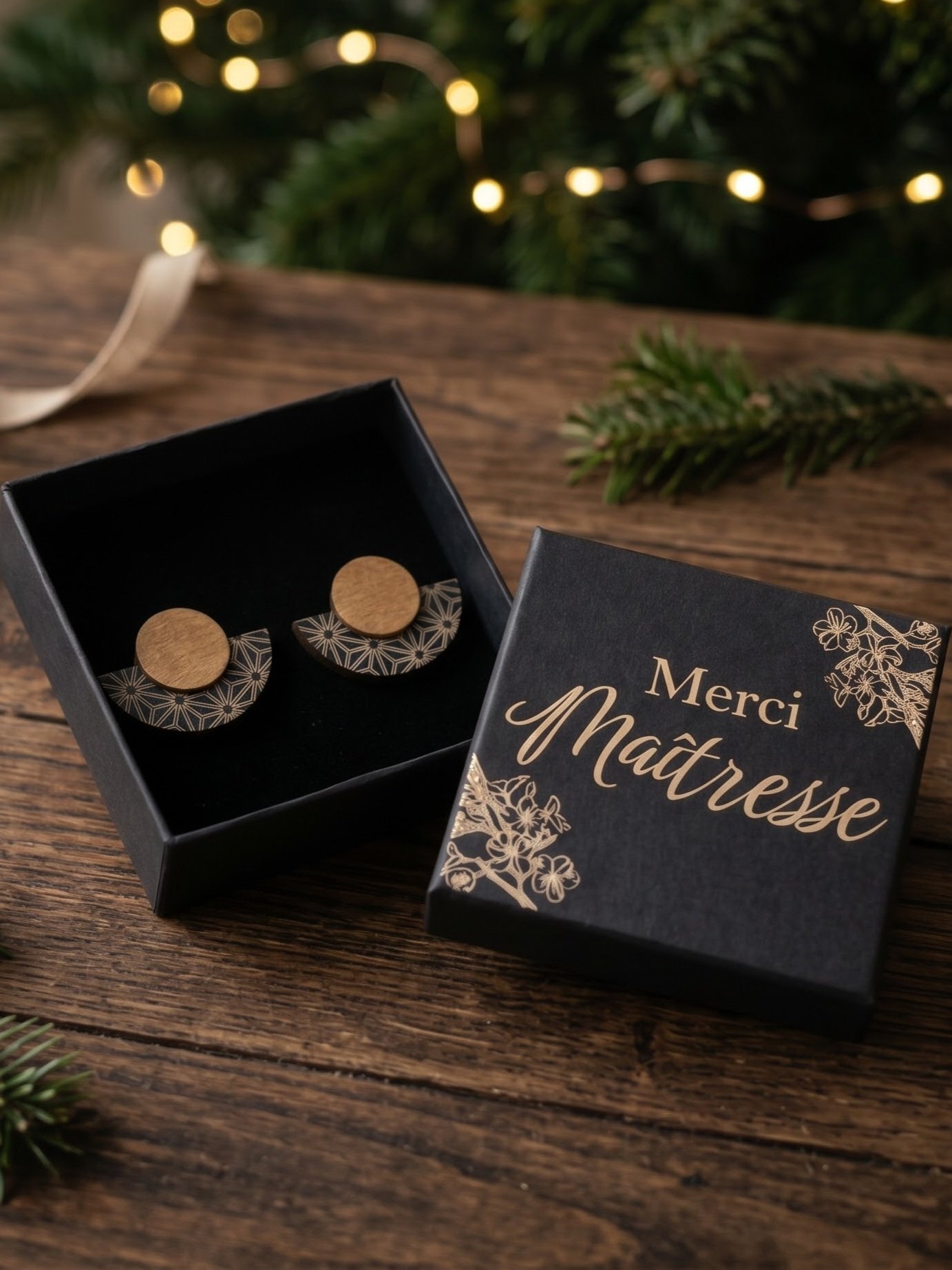 1000077014.jpg Cadeau Maîtresse - Boucles d'oreilles ou broche éventails Zanoa en bois et bois noir - Bijou en bois Asanoha – Image 9