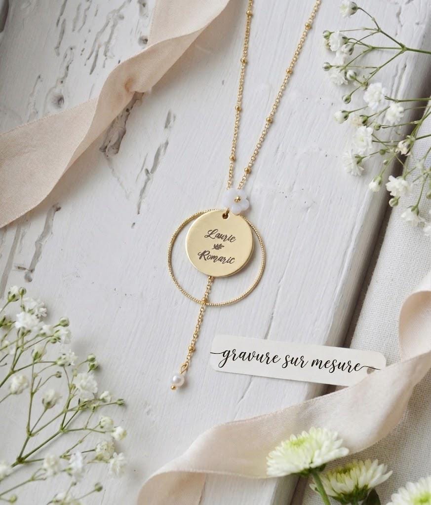 Collier Mariage personnalisé prénoms & date gravés – bijoux cérémonie gravés sur mesure – cadeau pour elle Noël Collier Mariage personnalisé prénoms & date gravés – bijoux cérémonie gravés sur mesure – cadeau pour elle Noël