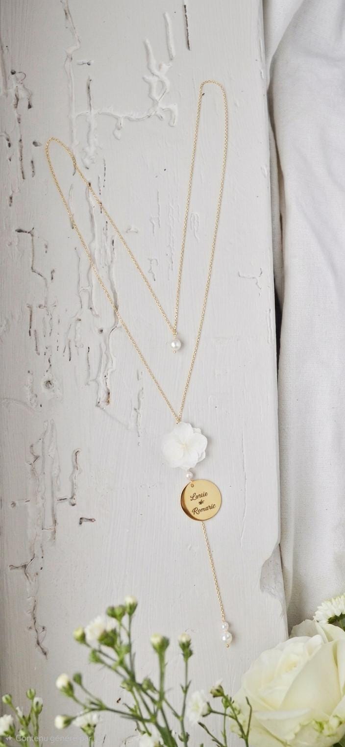 Collier de dos mariage fleurs personnalisé prénoms et dates gravées – bijou de dos sur mesure – cadeau mariée Collier de dos mariage fleurs personnalisé prénoms et dates gravées – bijou de dos sur mesure – cadeau mariée