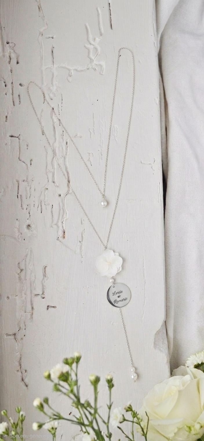 Collier de dos mariage fleurs personnalisé prénoms et dates gravées – bijou de dos sur mesure – cadeau mariée Collier de dos mariage fleurs personnalisé prénoms et dates gravées – bijou de dos sur mesure – cadeau mariée