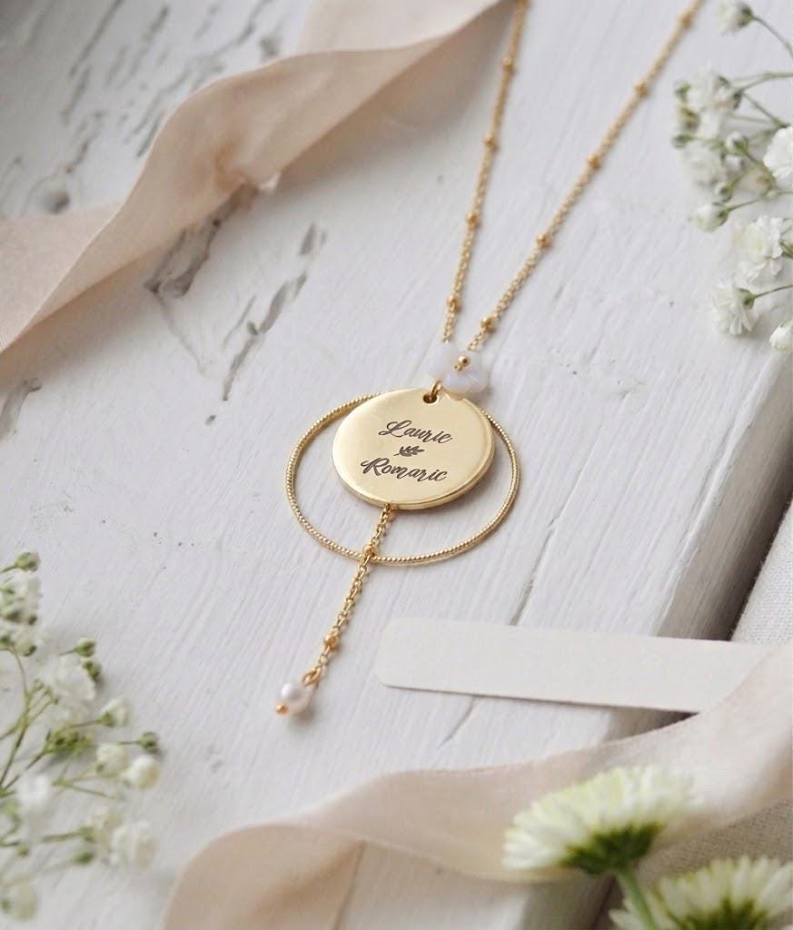 Collier Mariage personnalisé prénoms & date gravés – bijoux cérémonie gravés sur mesure – cadeau pour elle Noël Collier Mariage personnalisé prénoms & date gravés – bijoux cérémonie gravés sur mesure – cadeau pour elle Noël