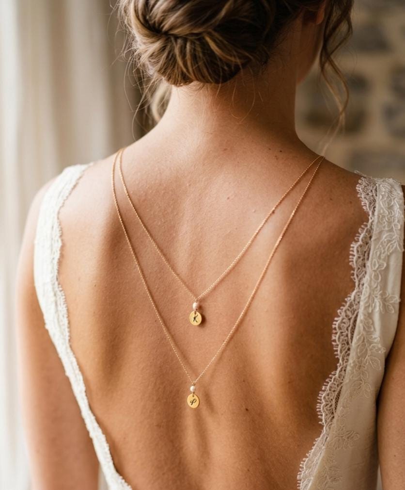 Collier de dos double chaînes mariage personnalisé Initiales gravées et perles nacrées Swarovski – bijou de dos sur mesure Collier de dos double chaînes mariage personnalisé Initiales gravées et perles nacrées Swarovski – bijou de dos sur mesure